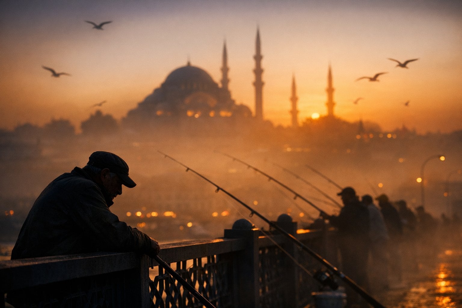 伊斯坦布尔 Galata Bridge 渔夫日落剪影模板