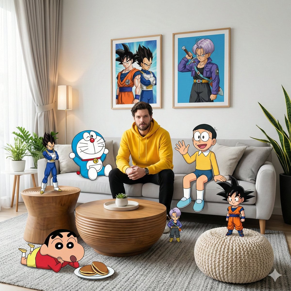 真人客厅与动漫角色混合场景模板
