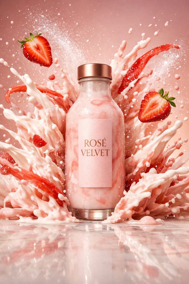 ROSÉ VELVET 草莓奶昔高速商业摄影模板